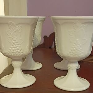 4 White Embossed Goblet Set Milk Glass